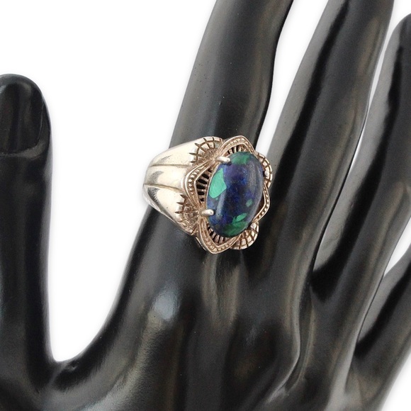 Vintage Azurite Malachite Sterling Silver Ring Size 7 Blue Green Azurmalachite - Picture 3 of 8
